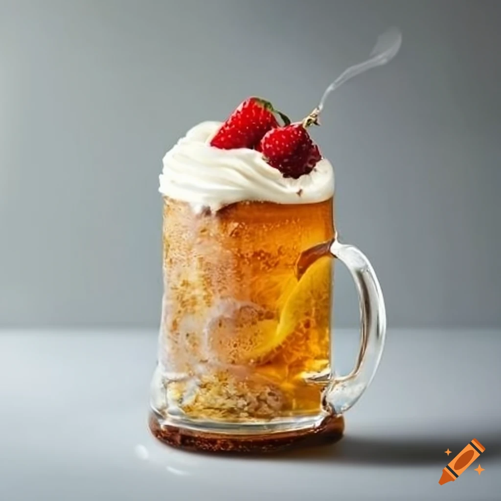 Glass ale tankard filled with cake and cream fruit toppings