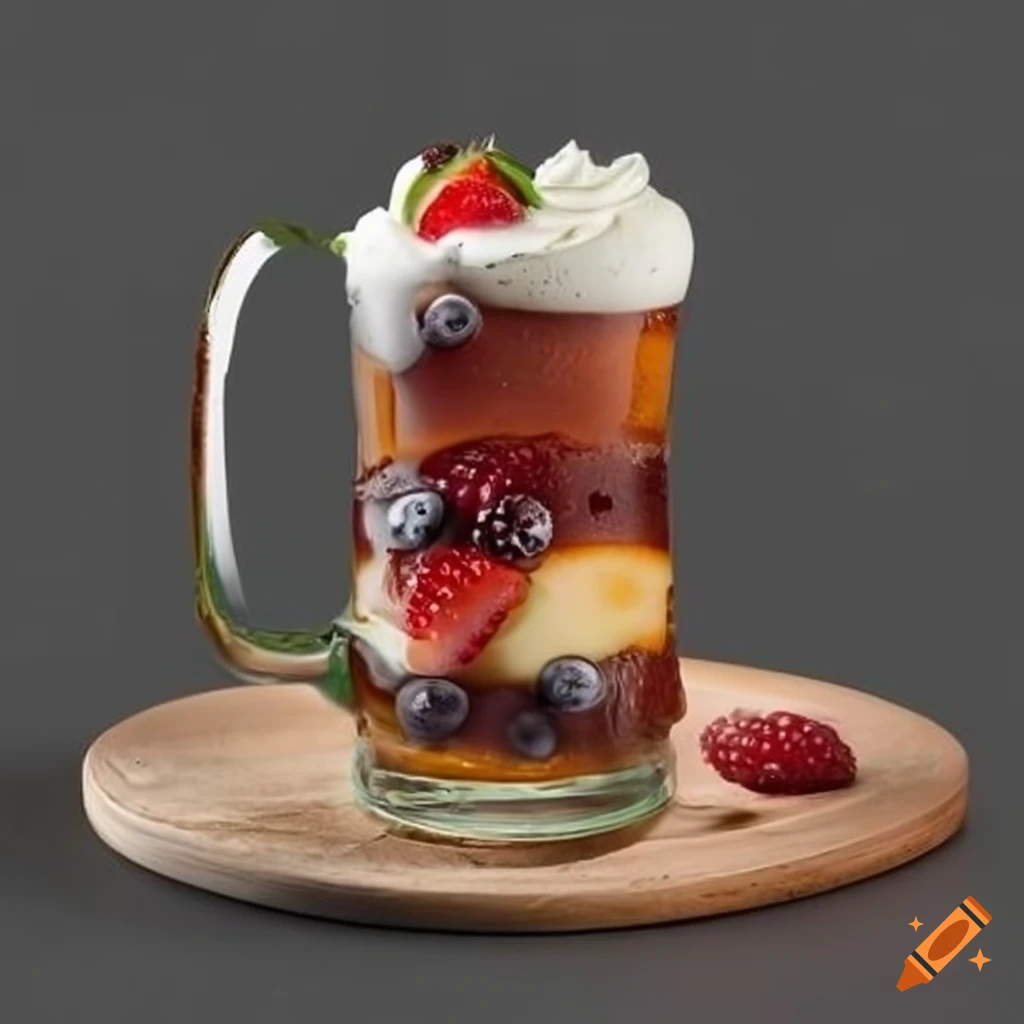 Glass tankard of ale cake with cream fruit toppings