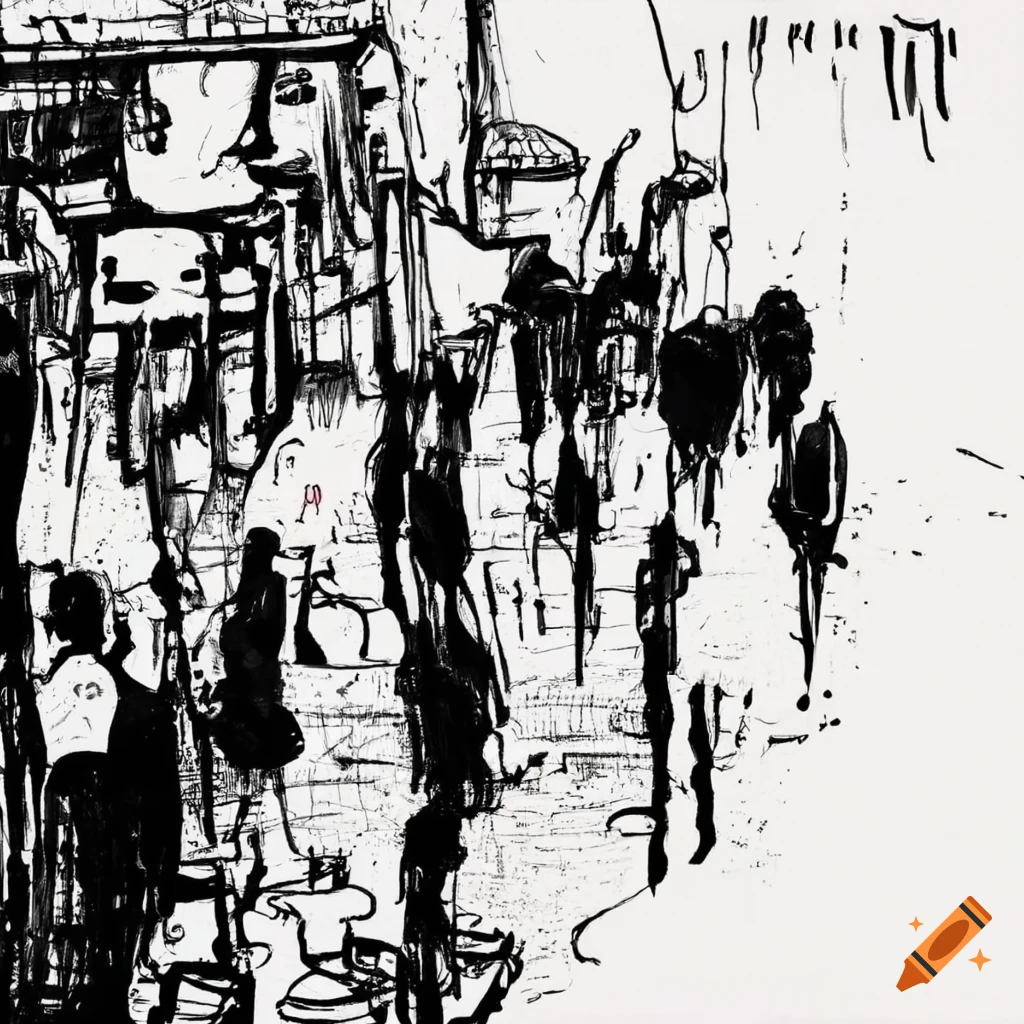 Abstract ink drawing of people in a vibrant Irish pub atmosphere