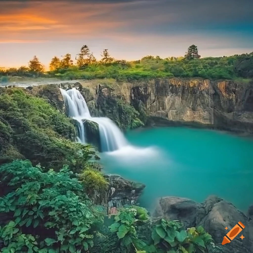 Hyper realistic fantasy waterfall with analog lighting