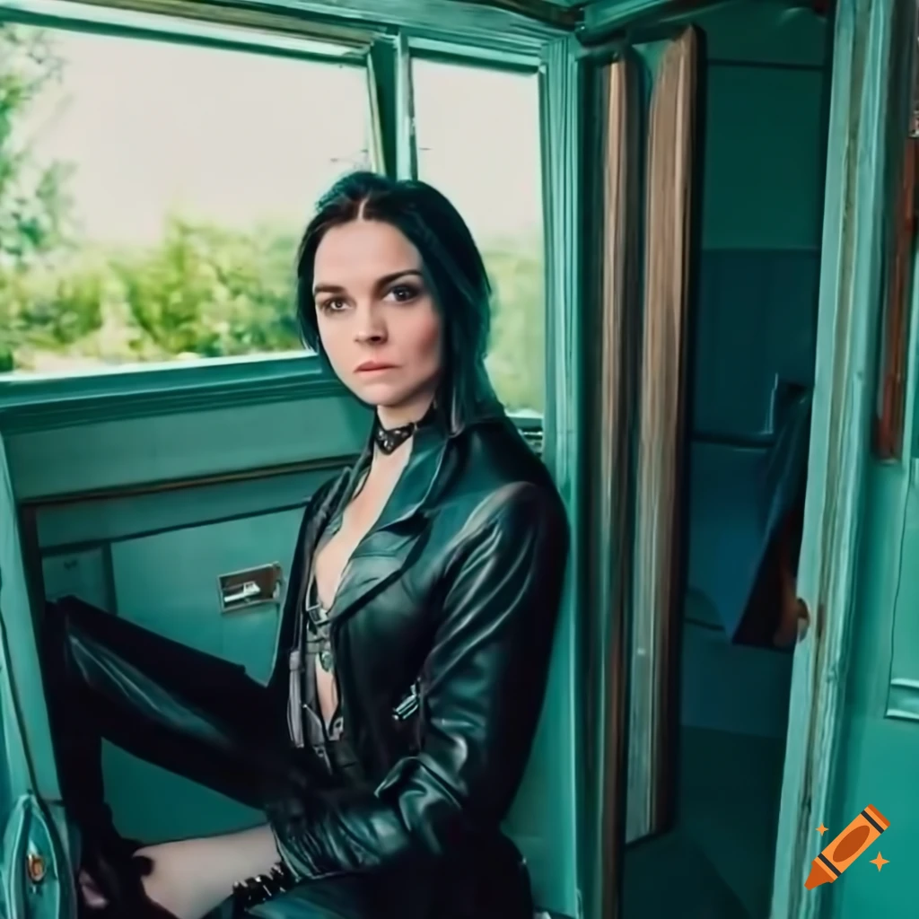 Punk-rocker woman in leather jacket and trousers standing in doorway on ...