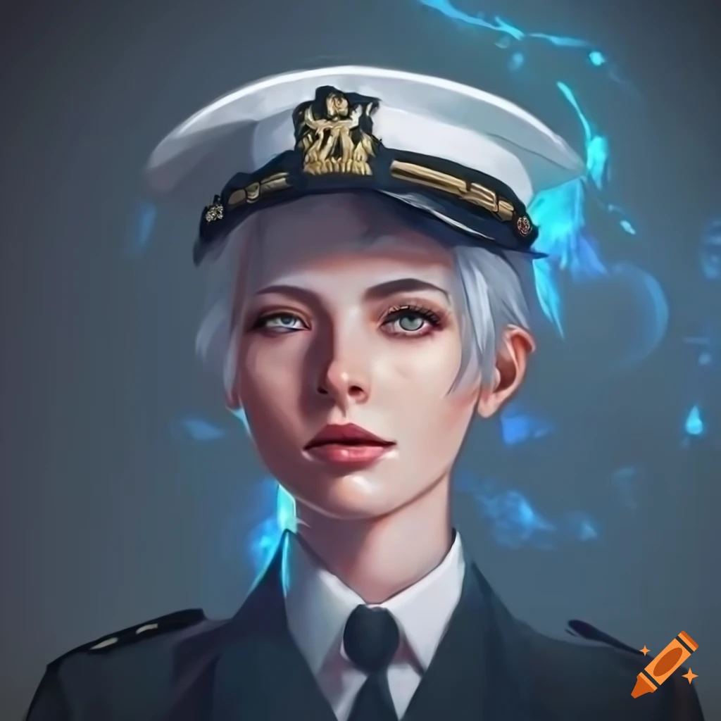 Female naval officer in uniform in a bioluminescent cave