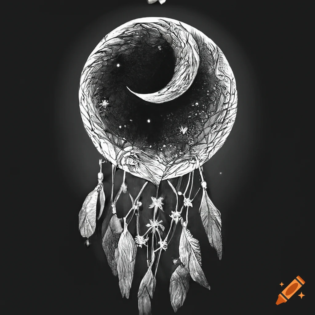 Crescent moon dreamcatcher surrounded by flowers, stars, and drips