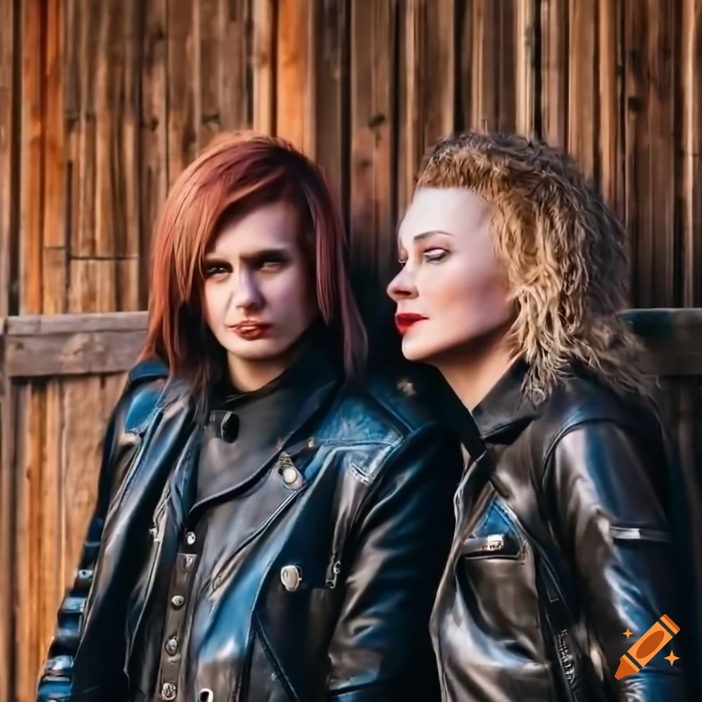 English punk-rocker women in black leather attire standing in doorway ...