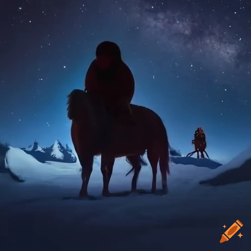 Eskimo riders on squat horses in the snowy night under a starry sky