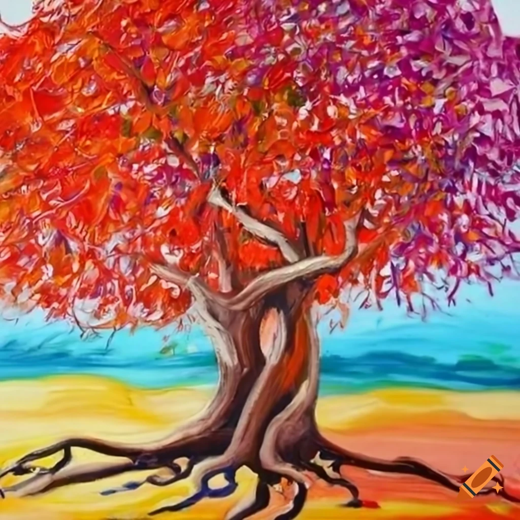 Root chakra represented in red with a tree design in pencil