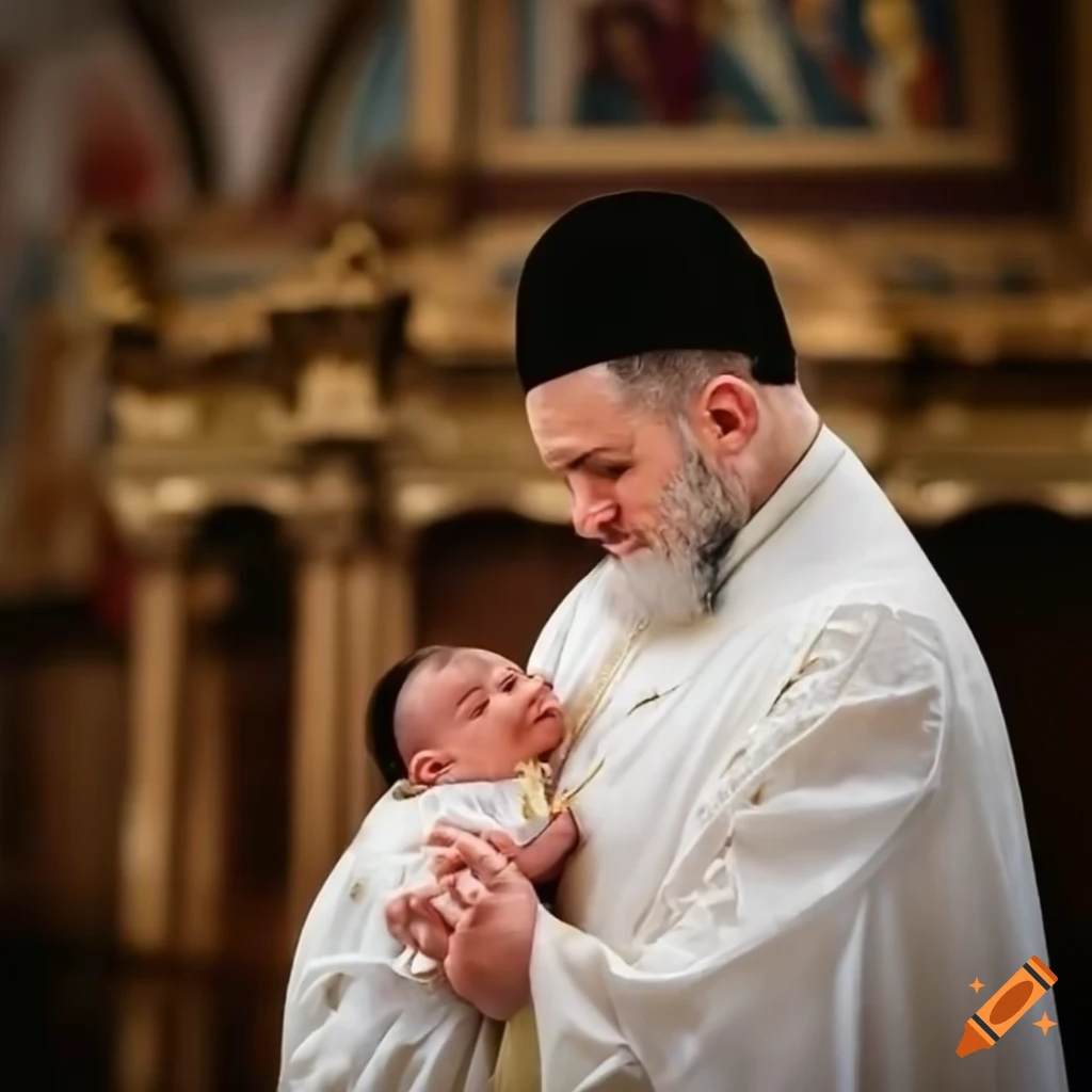 Orthodox priest baptizing a newborn baby in a grand church