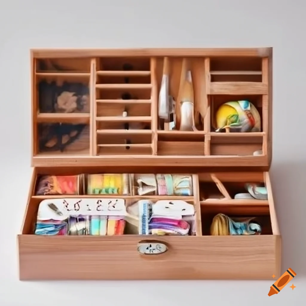 Elegant wooden art supply box with compartments filled with art supplies