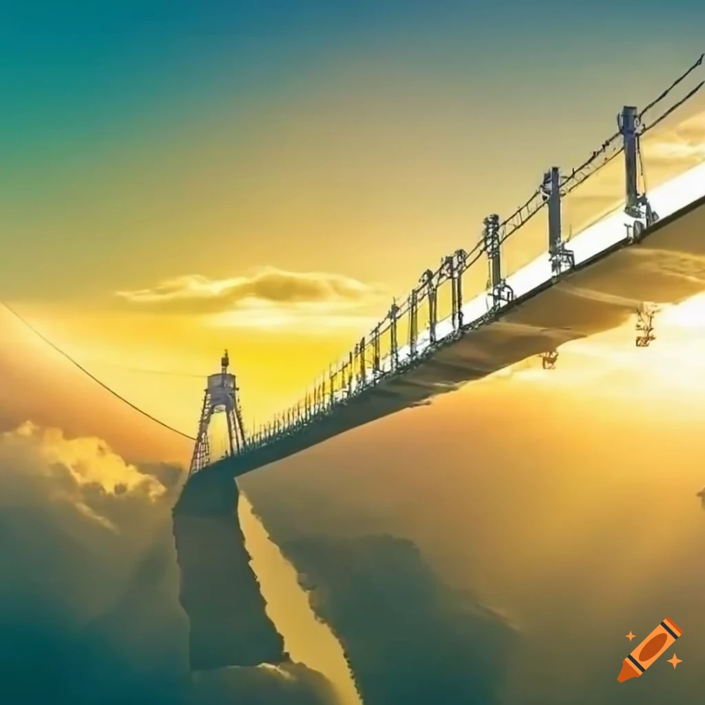 Majestic suspension bridge with crystal steps under intense sunlight