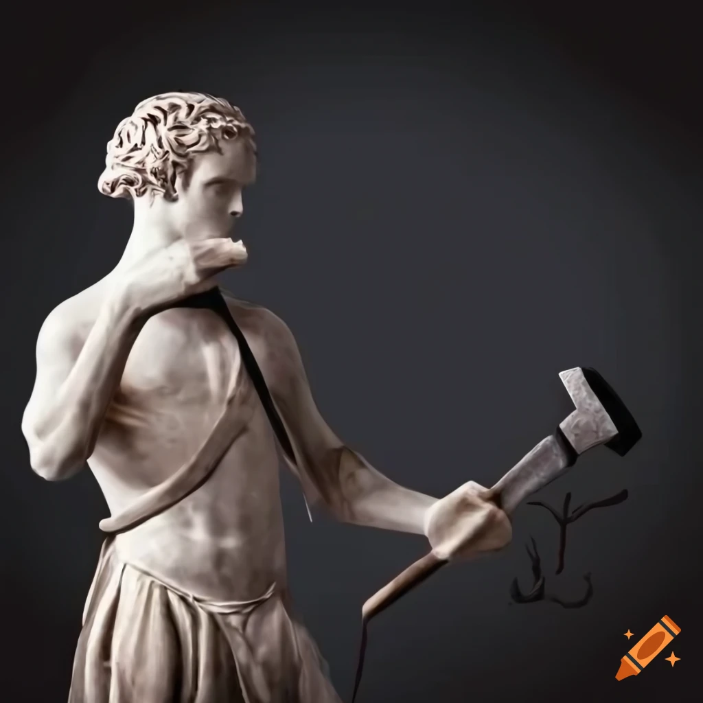 Blacksmith crafting a sword in the style of a marble statue