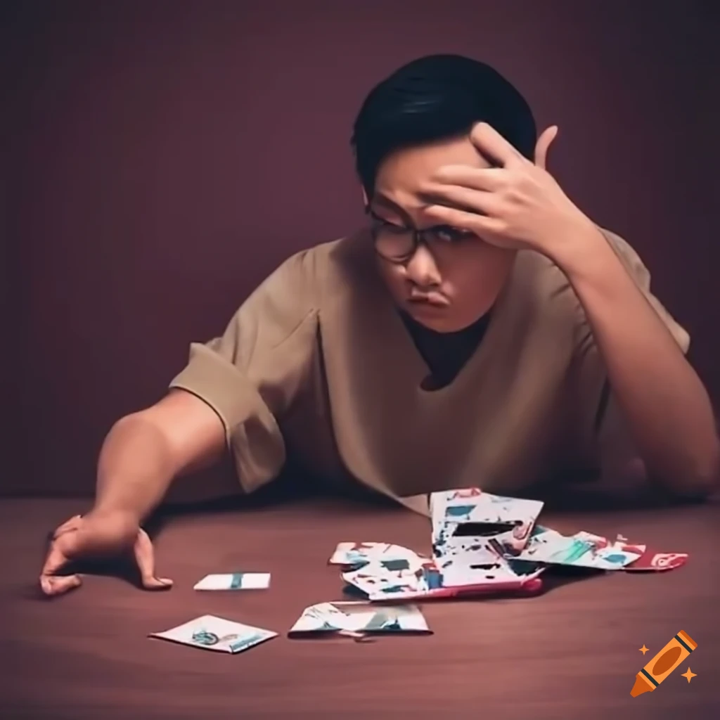 Asian man dropping cards on the floor