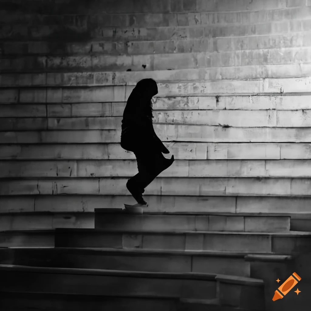 Person climbing a stairway in black and white
