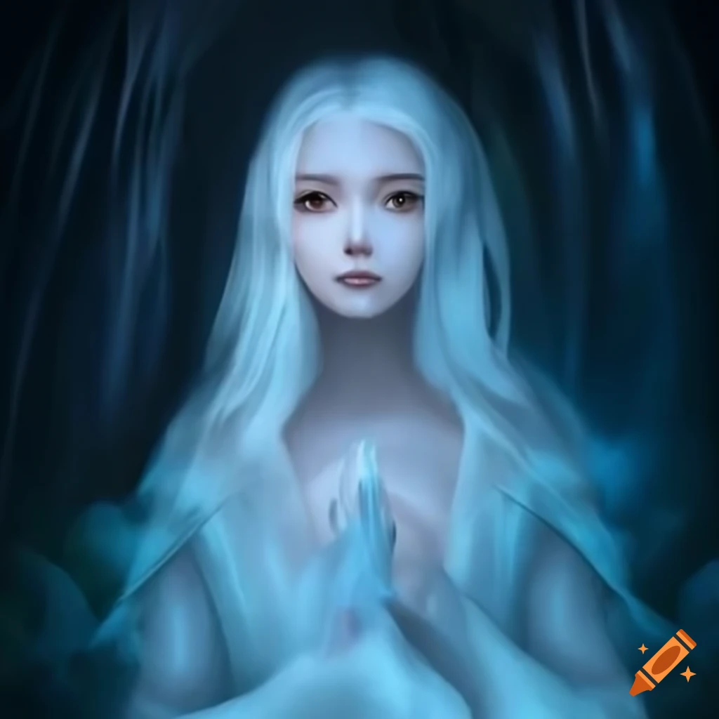 Princess with white hair in a bioluminescent cave