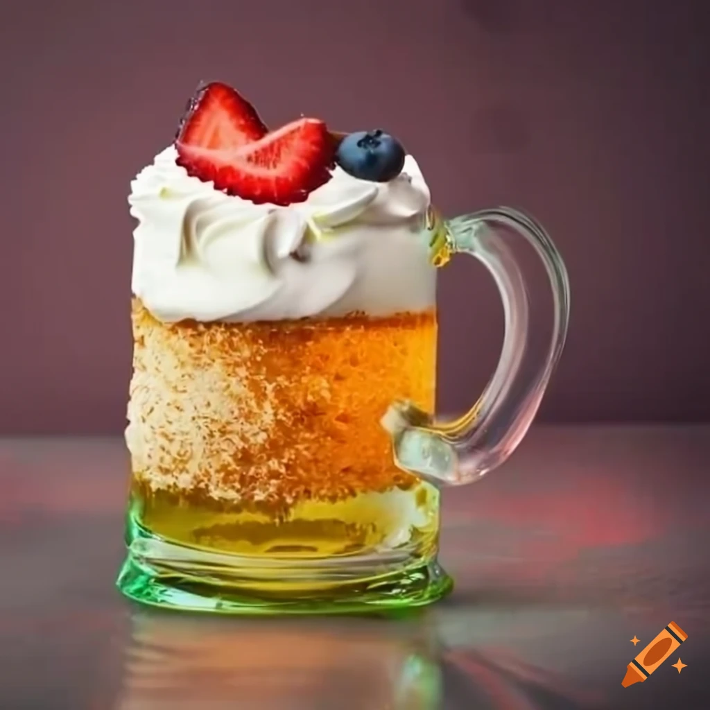 Glass ale tankard with cake and fruit toppings on a table