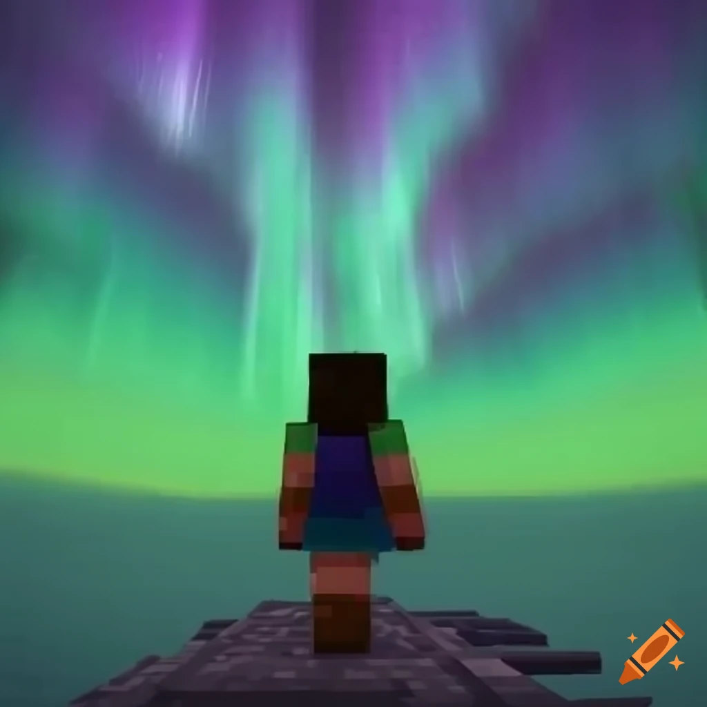 Minecraft scene with a girl enjoying the Northern Lights