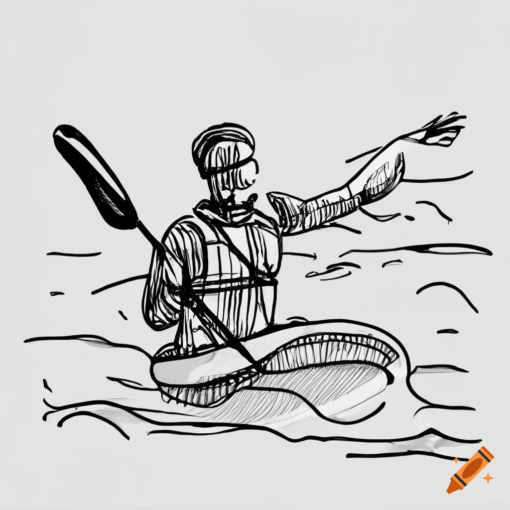 Abstract black and white ink pen drawing of a kayaker kayaking down a waterfall