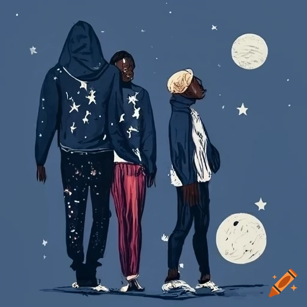 Diverse group of friends leaning on each other on rooftop gazing at stars and planets