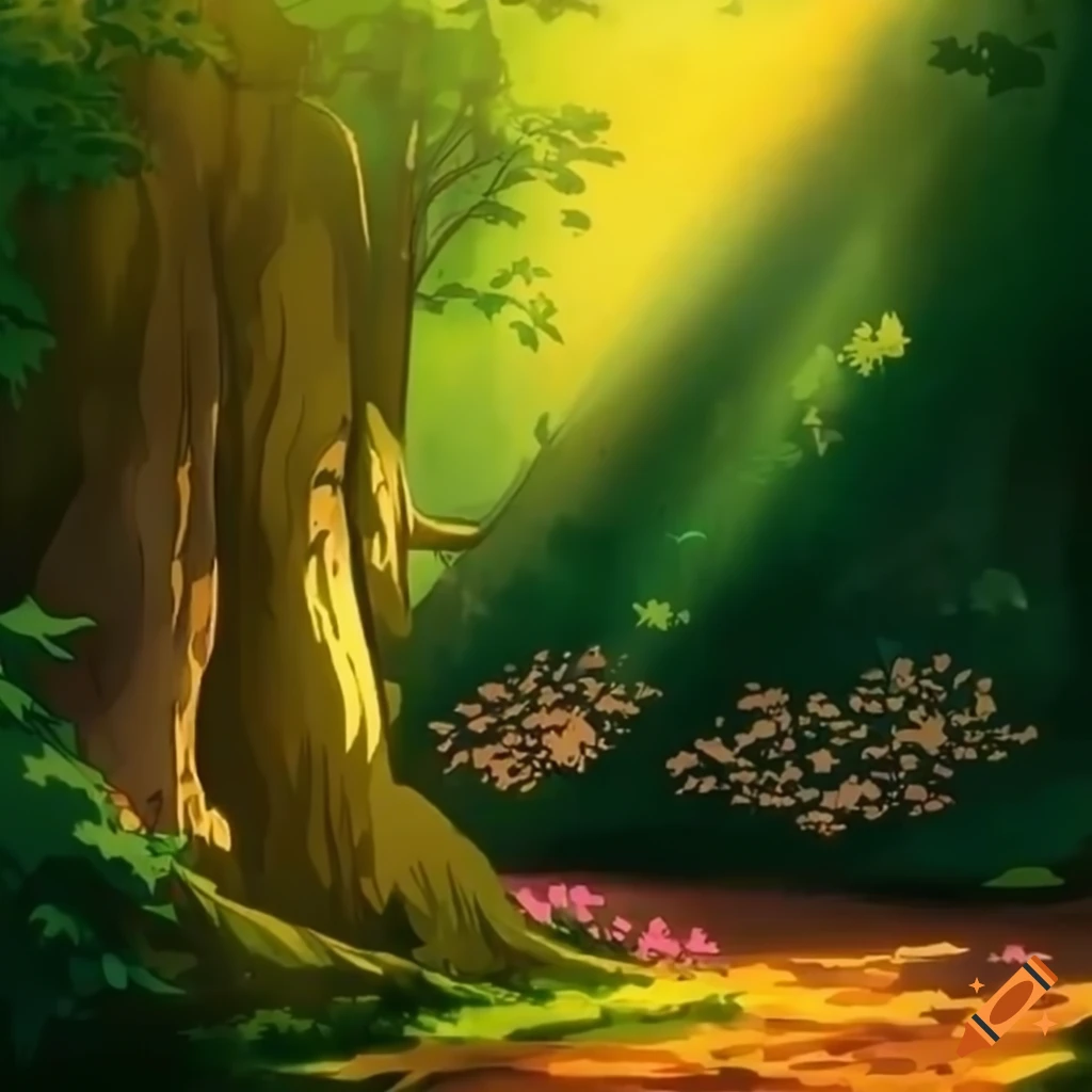 Studio Ghibli style anime forest on a warm sunny day