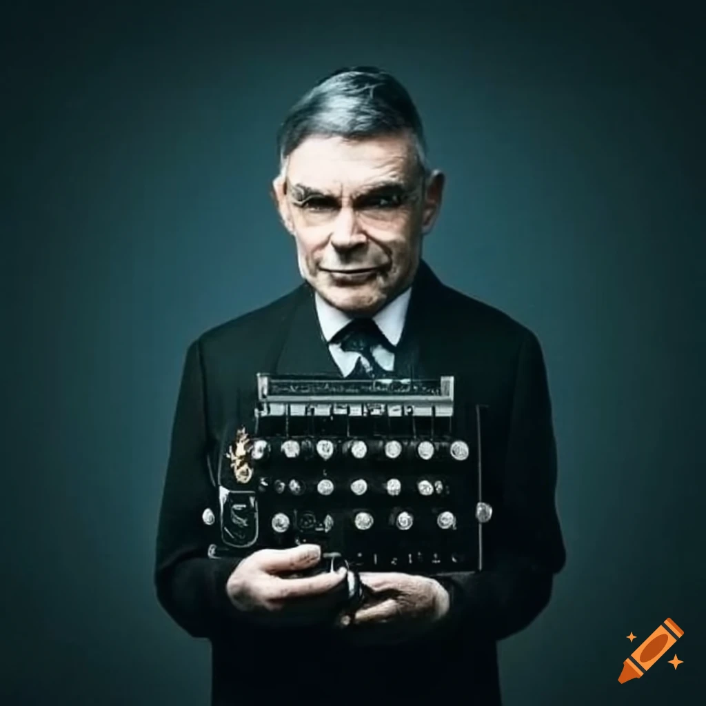 Alan Turing holding Enigma machine at Bletchley Park