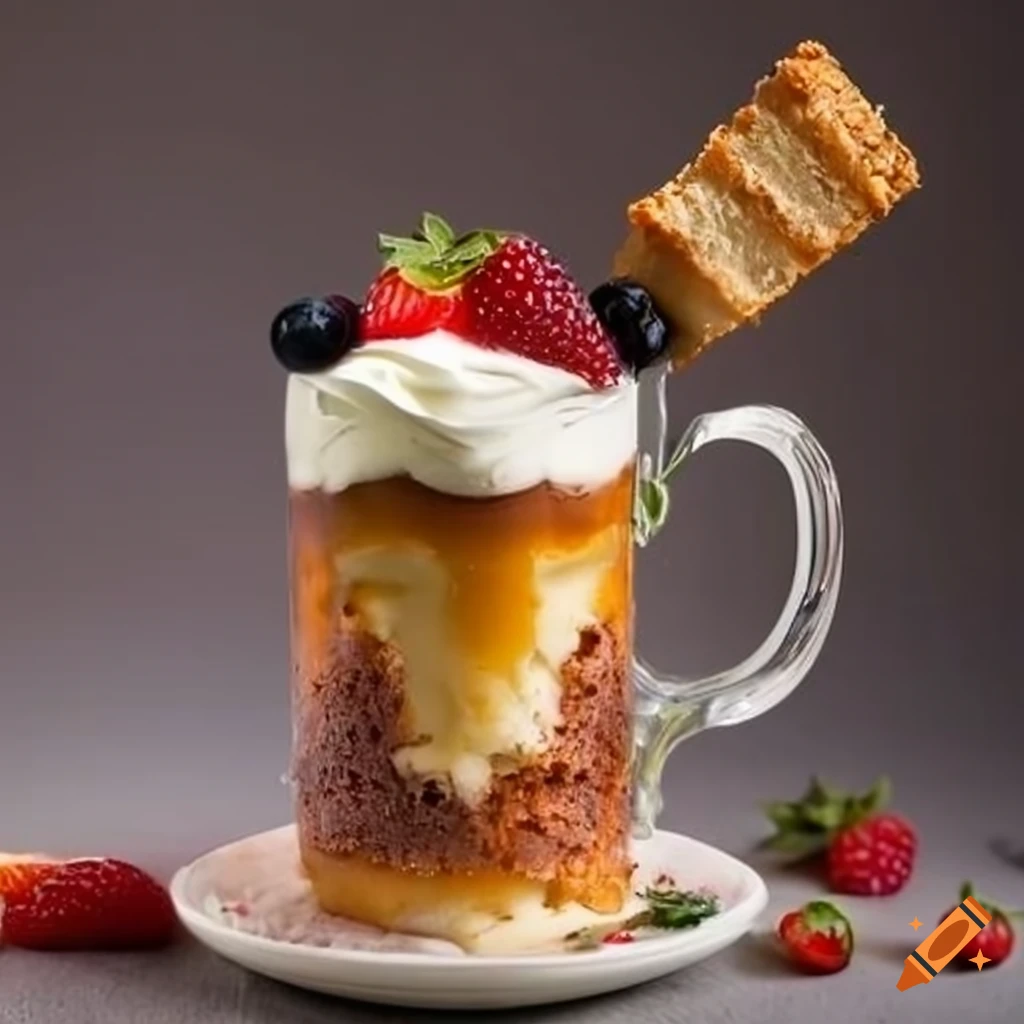 Glass tankard of ale cake with cream fruit toppings