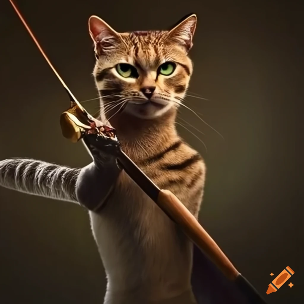 Katniss Everdeen depicted as a cat with a bow and arrow in action on Craiyon, image size:1024x1024
