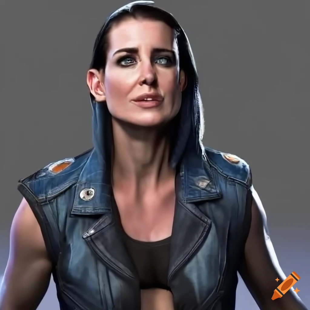 Young woman in outlaw biker style outfit standing in doorway