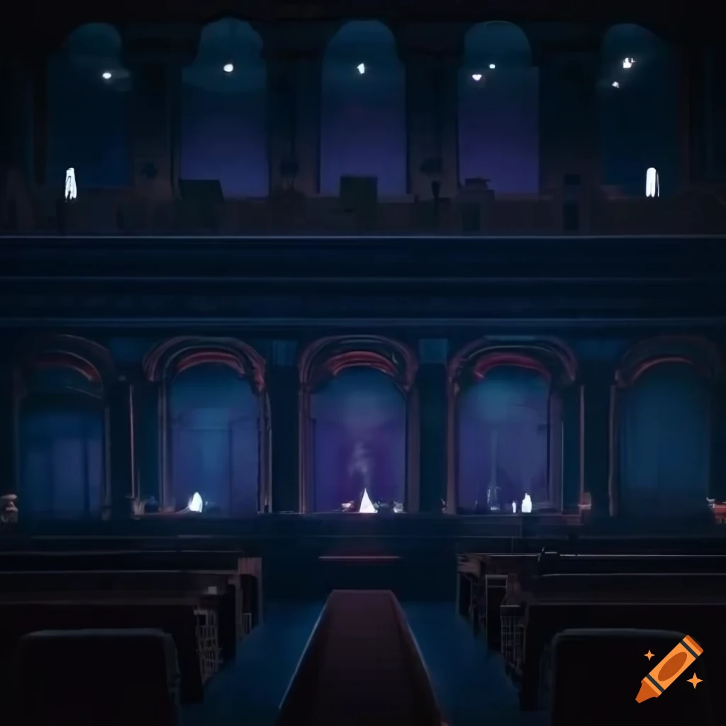 View of a dimly lit theatre from the audience side towards the stage