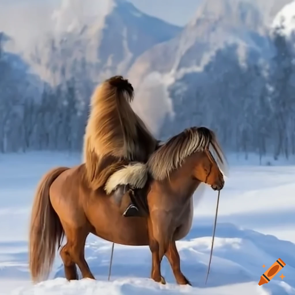 Eskimo riders on woolly horses in the snow
