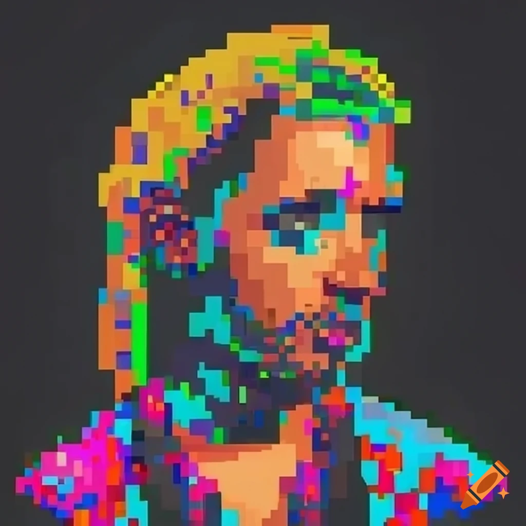 Pixel art portrait of musician Hamim with vibrant colors and geometric shapes
