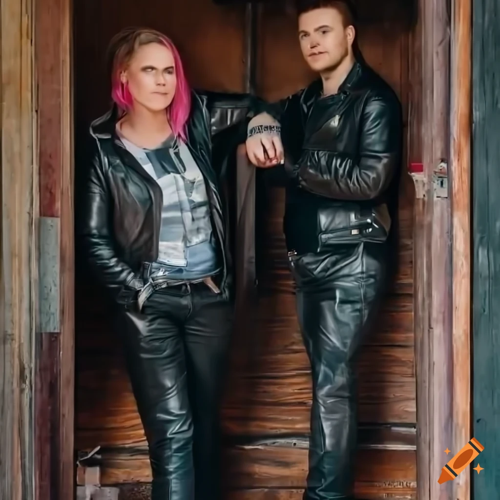 Punk rocker English couple women standing in barn doorway