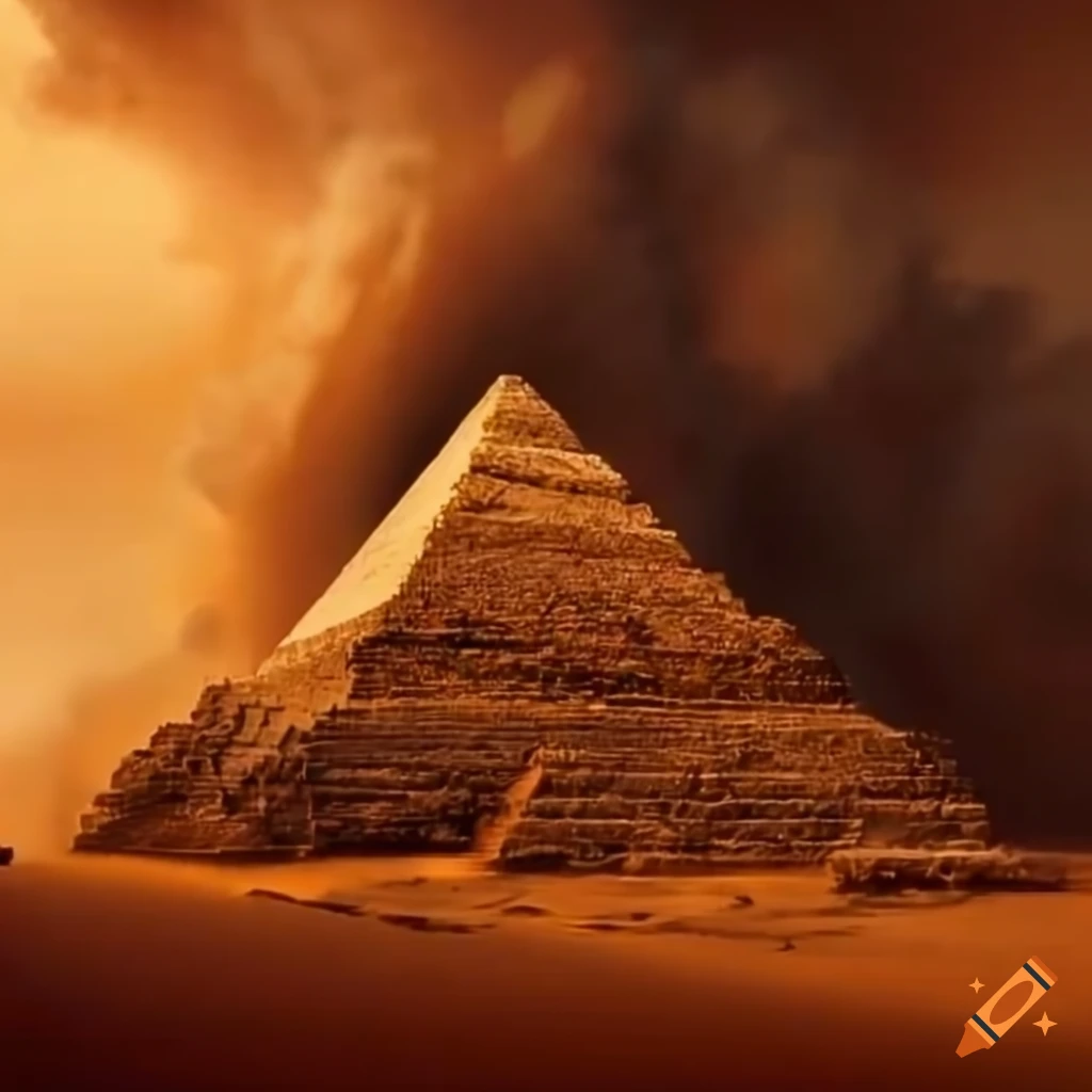 Ancient desert pyramid in a dust storm with explosions in the background