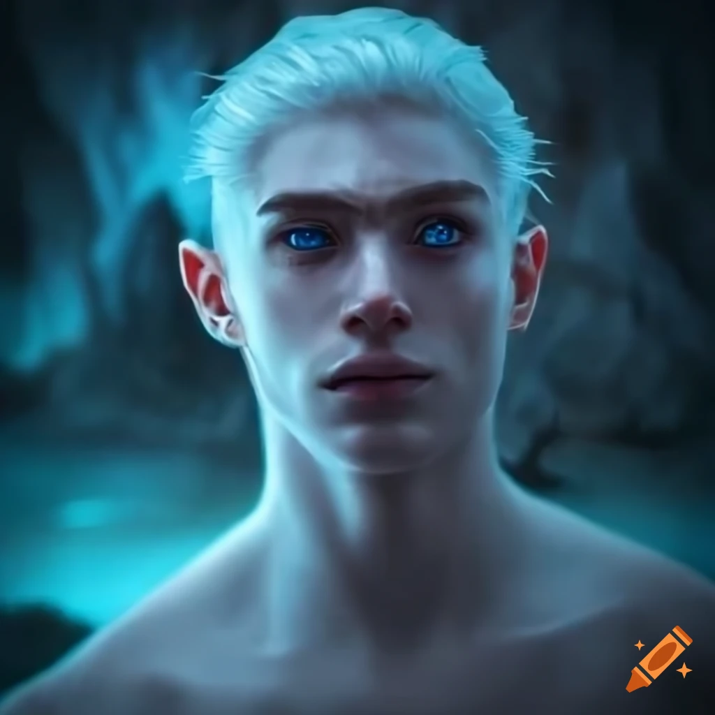 Male warrior in white robes in a bioluminescent cave