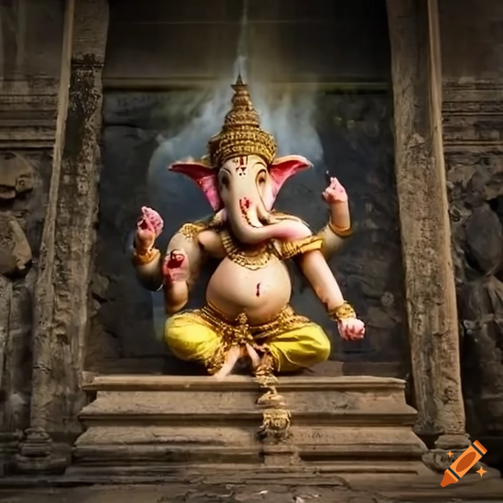 Ganesha dancing in front of a waterfall in Thai attire