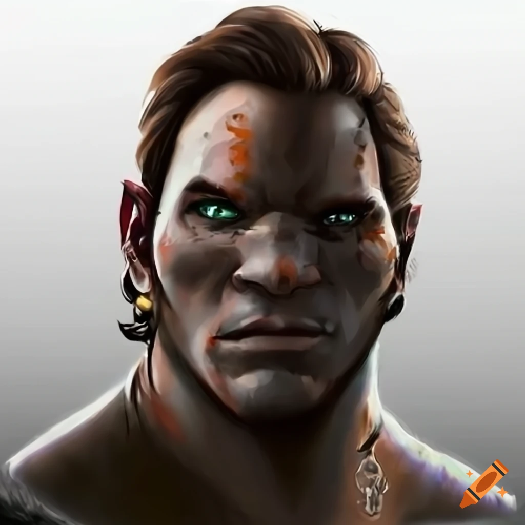 Half orc character resembling Chris Pratt with brown hair and defined features
