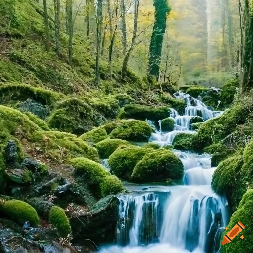 Mossy waterfall with hyper-realistic raw photography and fantasy aesthetic filter