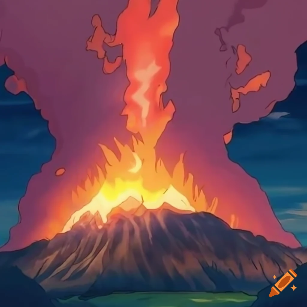 Anime-style art with fire in the foreground and a volcano in the background
