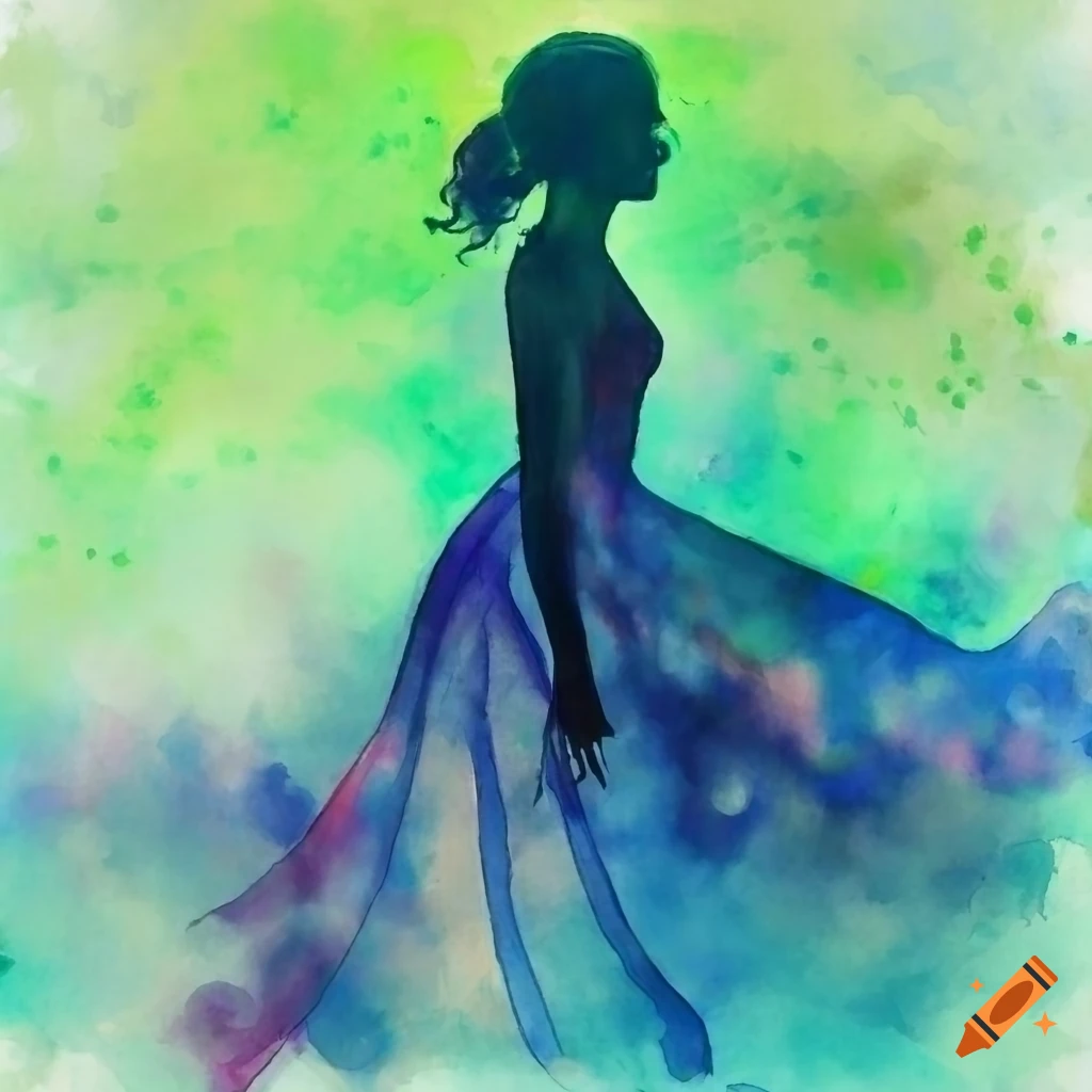 Silhouette woman in flowing dress in cheerful dreamlike scene with glowing god in green and indigo