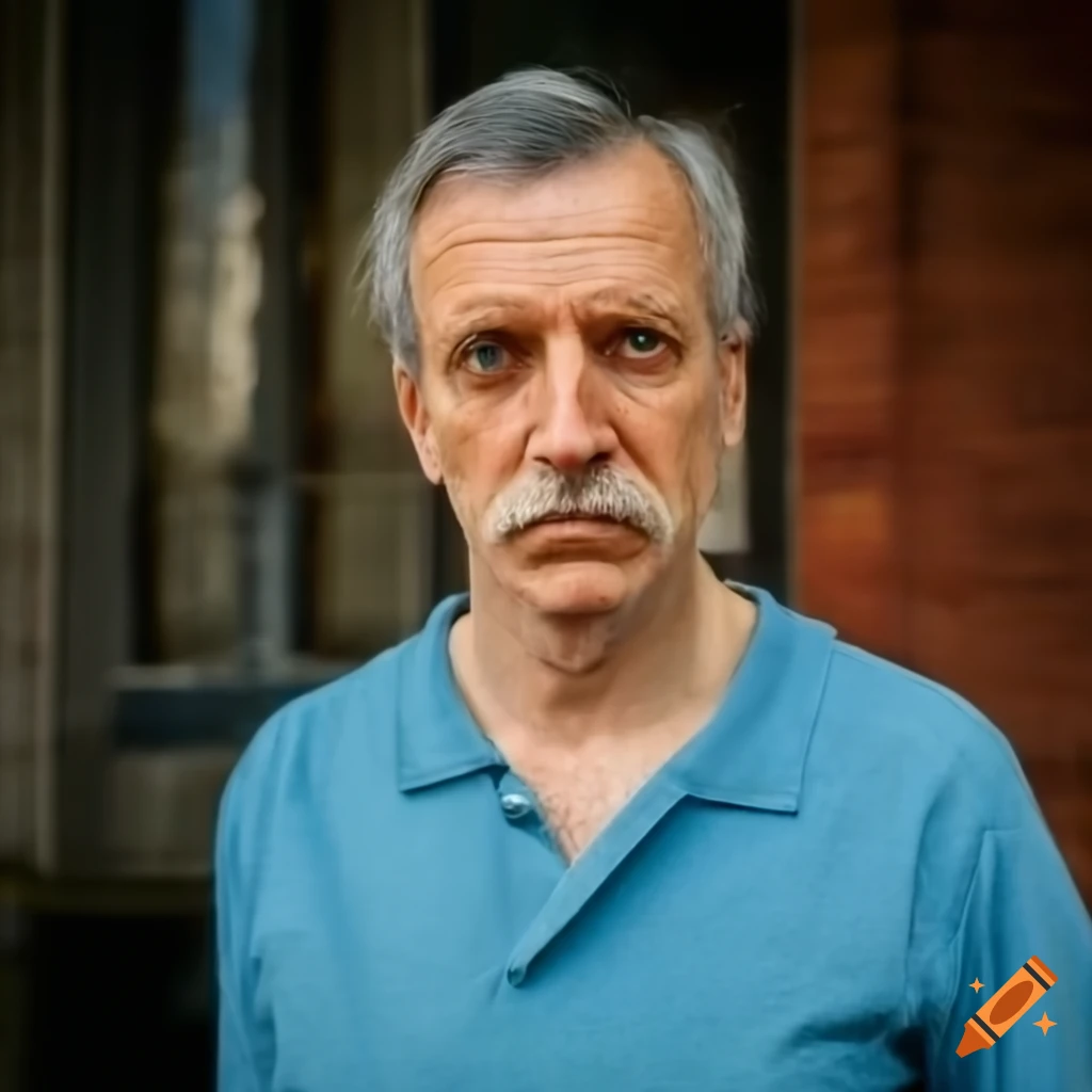 52-year-old European man in polo shirt with house in background