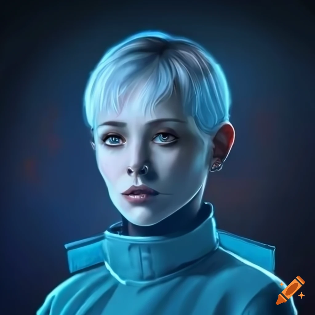 Female space naval officer in a bioluminescent cave