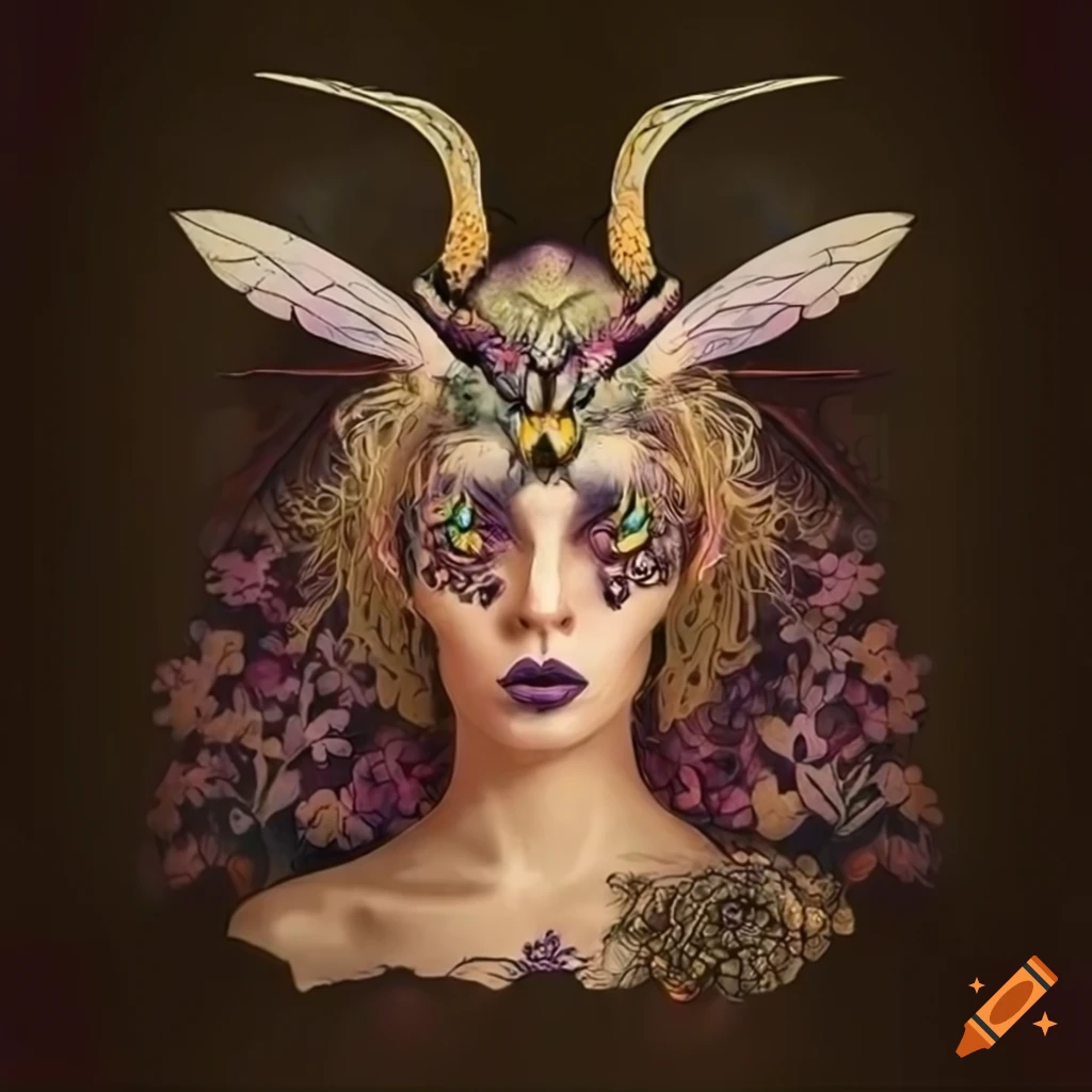 Mythical creature with woman torso and wasp lower body in a whimsical floral setting