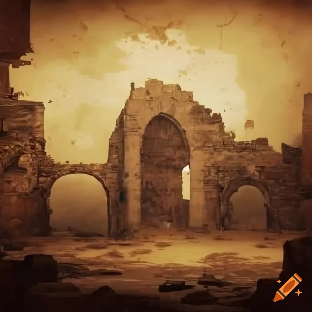 Epic battlefield with soldiers and ancient ruins, overlaid with a faded world map