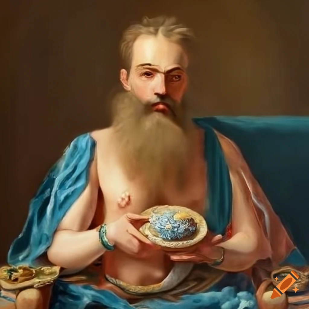 Regal deity on a silver throne holding an offering plate of colorful cookies