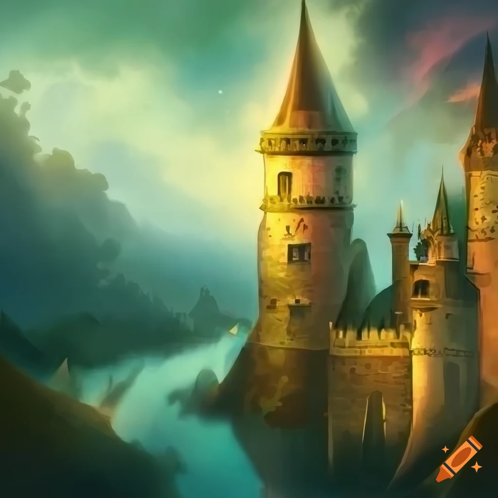 Vast, magical kingdom with towering castles and lush landscapes in a fairy tale style