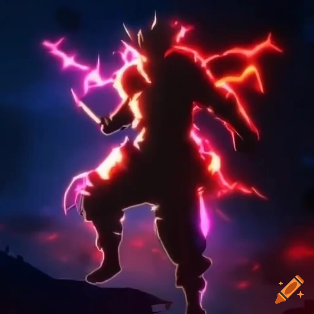 Anime character with fist fighting style on a frenetic battlefield with red aura and VFX