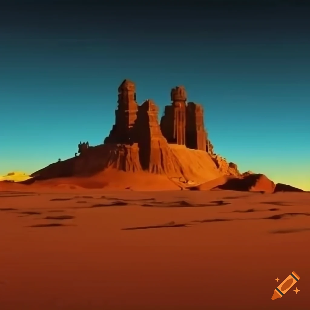 Alien red desert with a sprawling ancient alien city in ruins