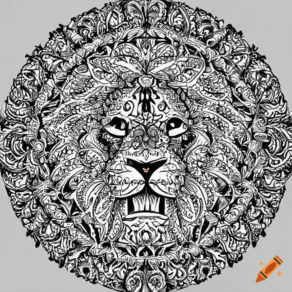 Circular lion mandala with African ornaments for coloring book