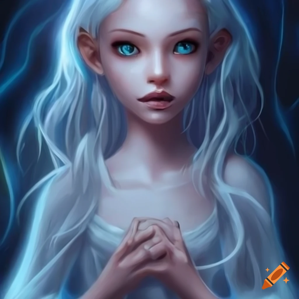 Princess with white hair in a bioluminescent cave