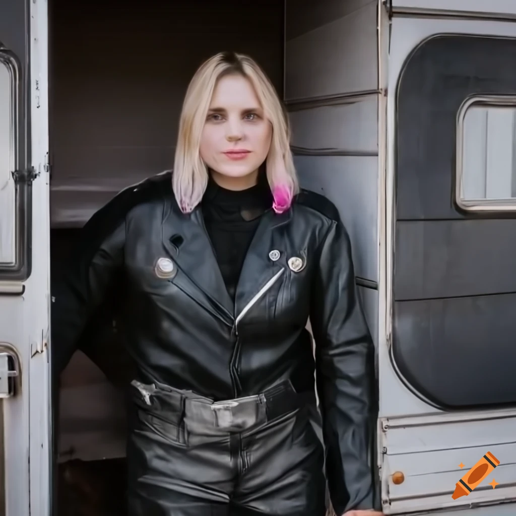 Punk-rocker woman in leather jacket and trousers standing in doorway on ...