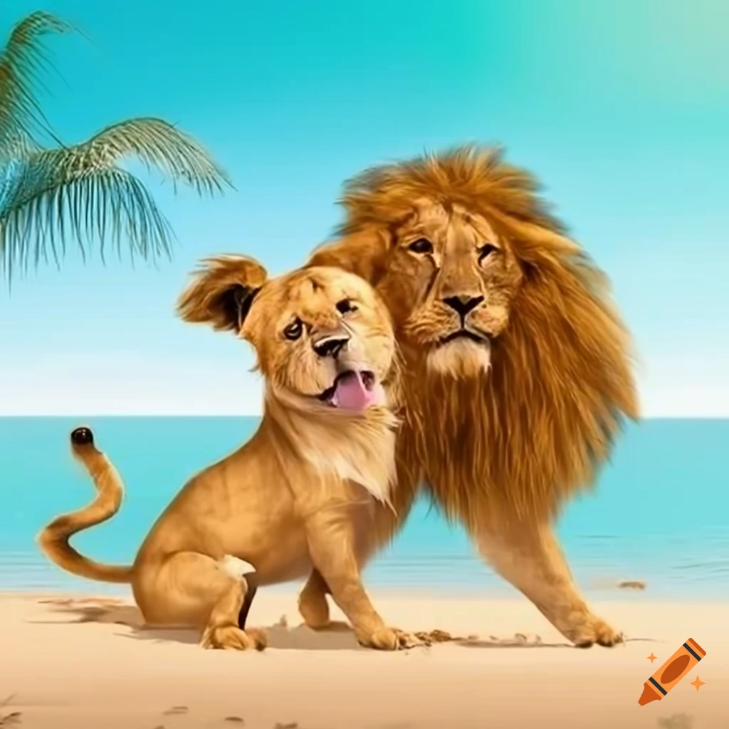 Dog and lion playing on the beach