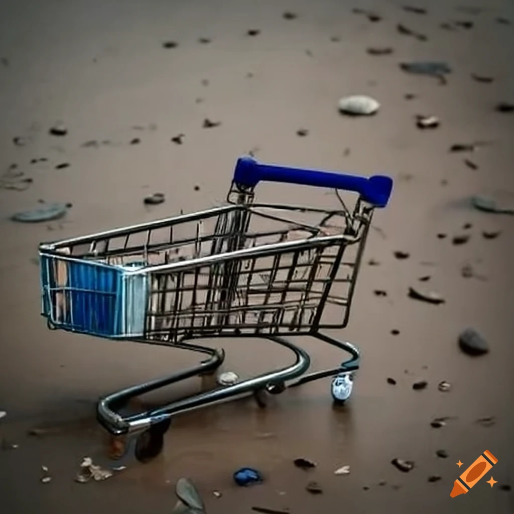 Shopping cart with garbage in an oil spill